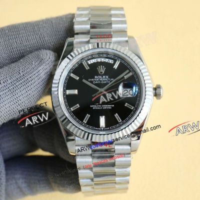 Swiss Replica Rolex Day Date 40 Black Baguette Diamond Face Stainless Steel 2836 President Watch